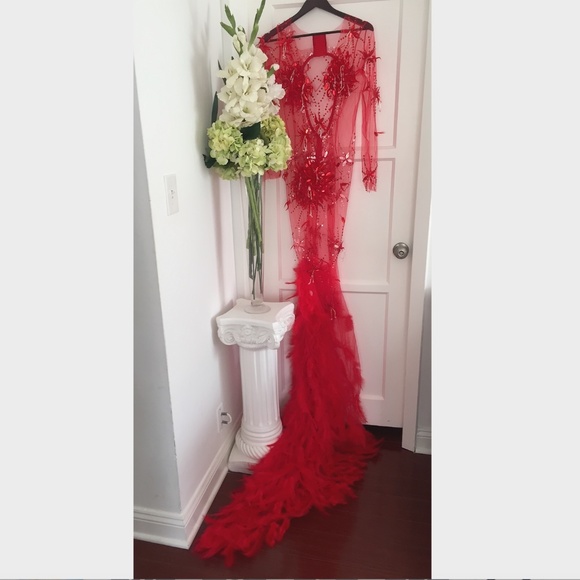 NEW! RED ANGEL DRESS HAND BEADED REAL FEATHER GOWN - Picture 1 of 15
